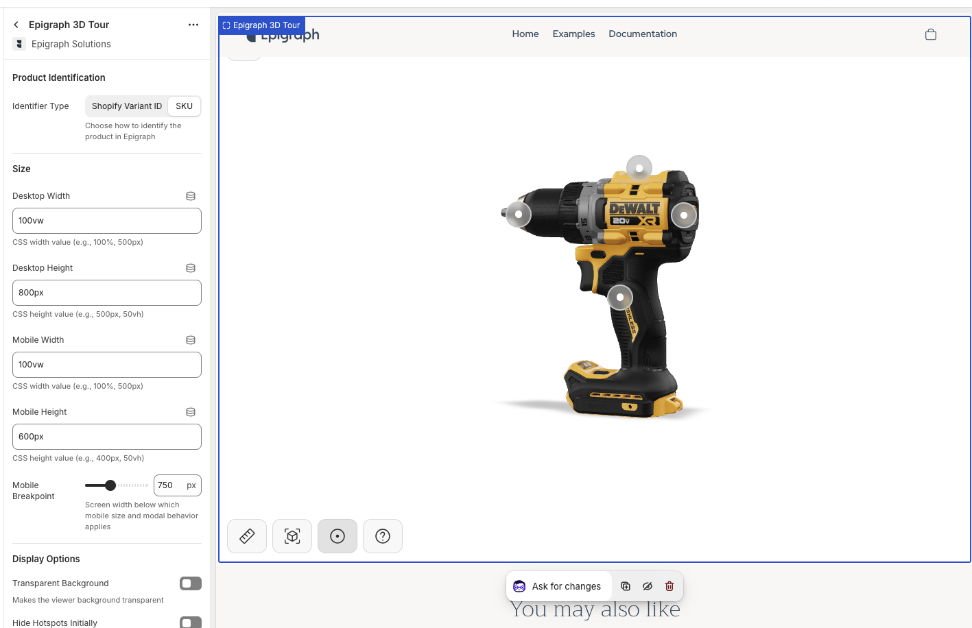 DeWalt drill in the Shopify theme editor showing 3D viewer controls and settings